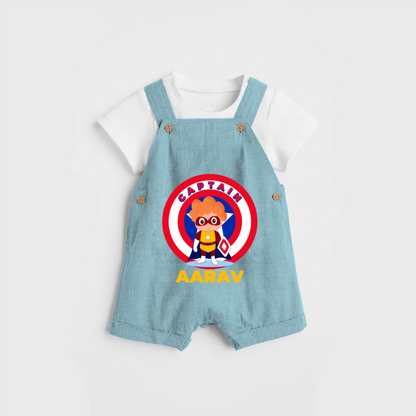 Celebrate The Super Kids Theme With "Captain" Personalized Dungaree set for your Baby - ARCTIC BLUE - 0 - 5 Months Old (Chest 17")