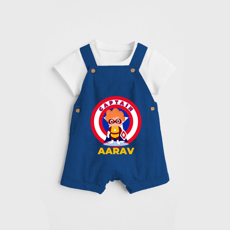 Celebrate The Super Kids Theme With "Captain" Personalized Dungaree set for your Baby - COBALT BLUE - 0 - 5 Months Old (Chest 17")