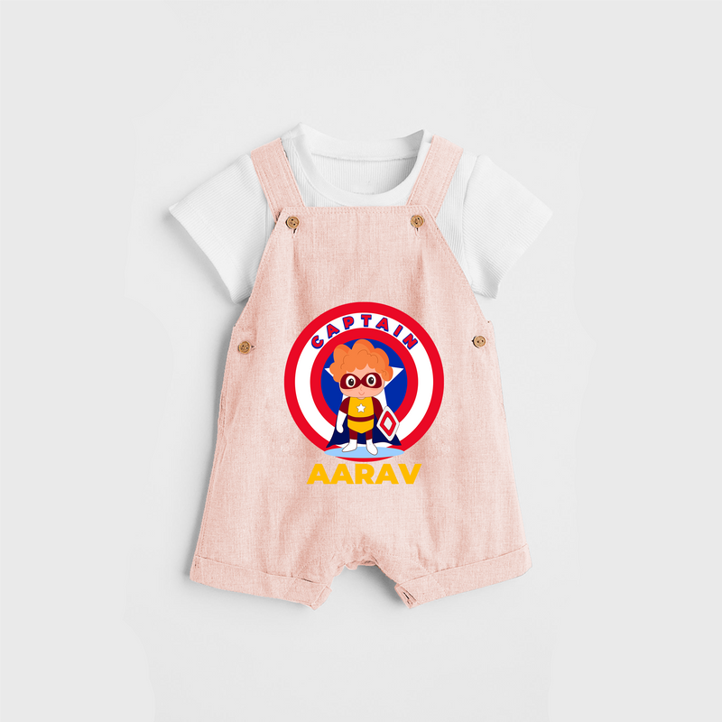 Celebrate The Super Kids Theme With "Captain" Personalized Dungaree set for your Baby - PEACH - 0 - 5 Months Old (Chest 17")