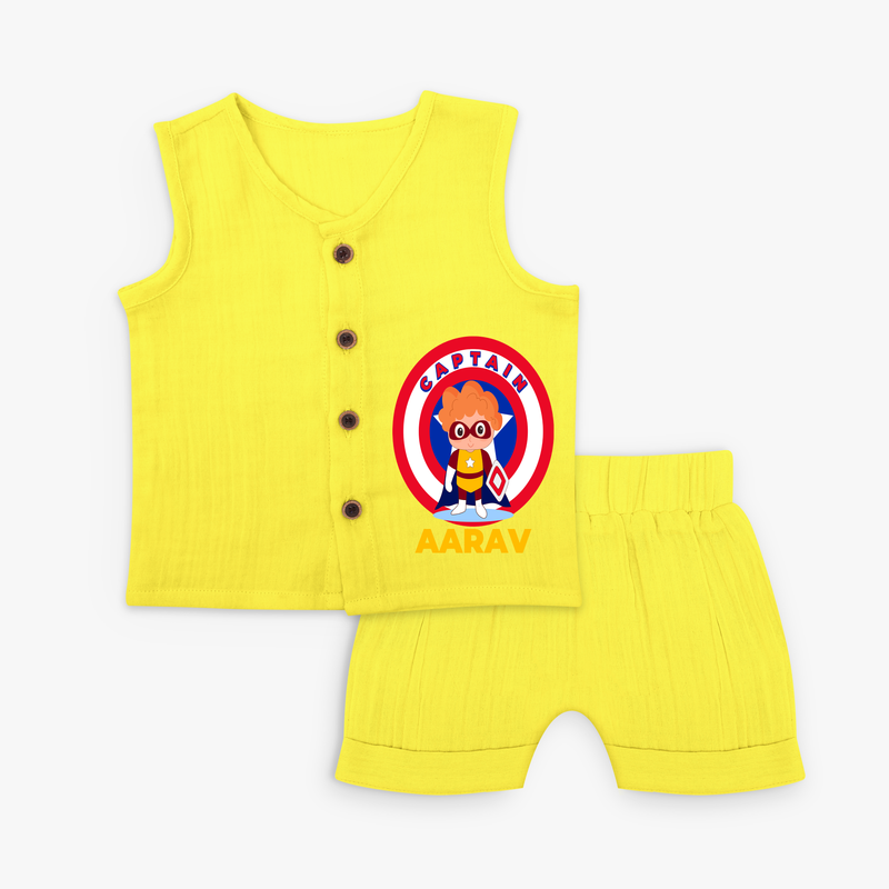 Celebrate The Super Kids Theme With "Captain" Personalized Jabla set for your Baby - YELLOW - 0 - 3 Months Old (Chest 9.8")