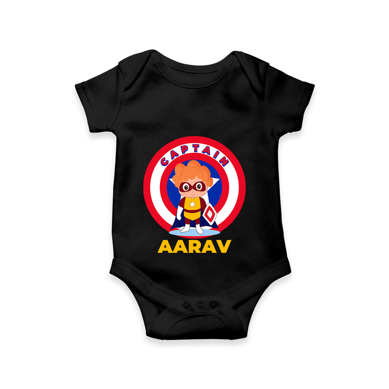 Celebrate The Super Kids Theme With "Captain" Personalized Romper For your Baby - BLACK - 0 - 3 Months Old (Chest 16")