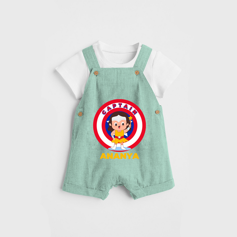 Celebrate The Super Kids Theme With "Captain" Personalized Dungaree set for Babies - LIGHT GREEN - 0 - 5 Months Old (Chest 17")