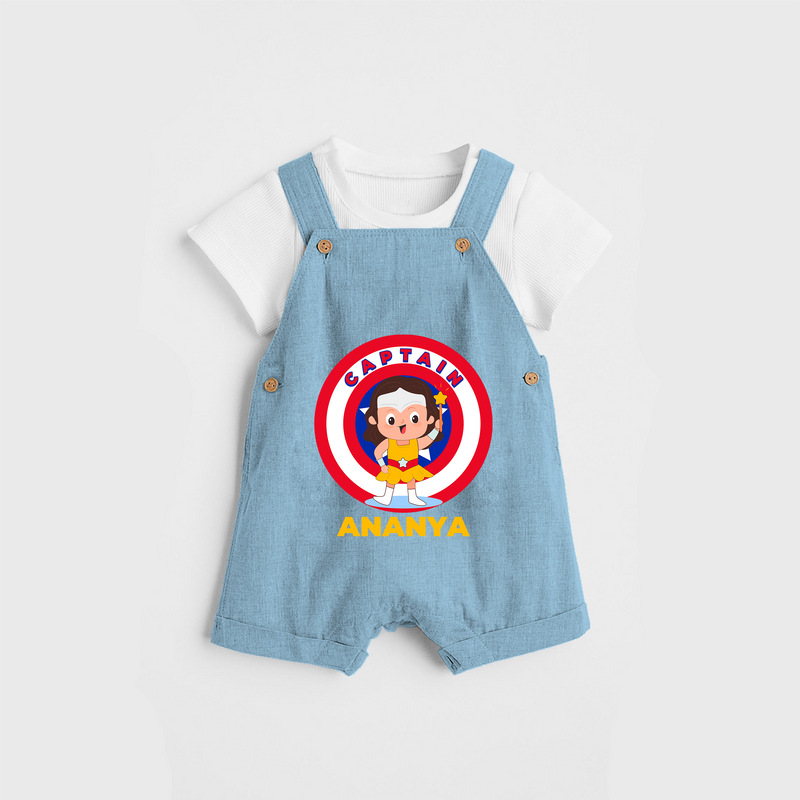 Celebrate The Super Kids Theme With "Captain" Personalized Dungaree set for Babies - SKY BLUE - 0 - 5 Months Old (Chest 17")