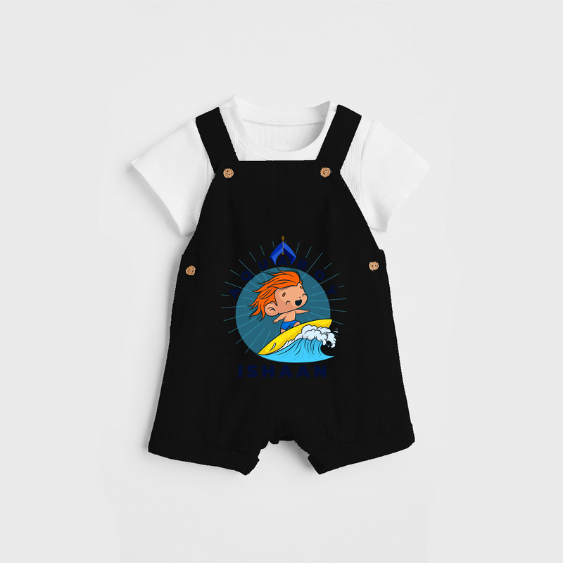 Celebrate The Super Kids Theme With "Aqua Boy" Personalized Dungaree set for your Baby - BLACK - 0 - 5 Months Old (Chest 17")