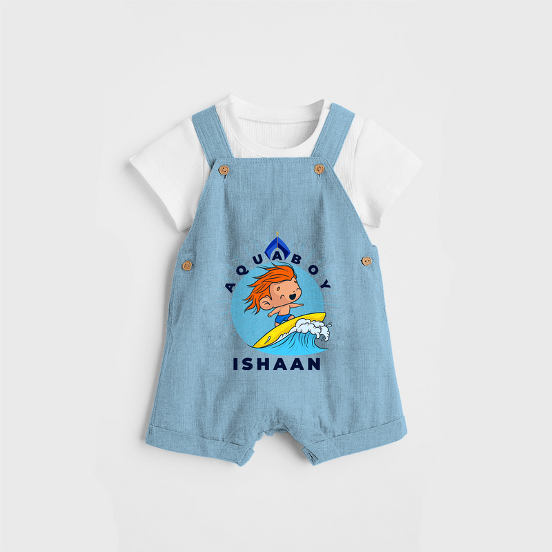 Celebrate The Super Kids Theme With "Aqua Boy" Personalized Dungaree set for your Baby - SKY BLUE - 0 - 5 Months Old (Chest 17")