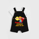 Celebrate The Super Kids Theme With "Pow! Bang! Super Boy Saves The Day" Personalized Dungaree set for your Baby - BLACK - 0 - 5 Months Old (Chest 17")