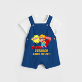 Celebrate The Super Kids Theme With "Pow! Bang! Super Boy Saves The Day" Personalized Dungaree set for your Baby - COBALT BLUE - 0 - 5 Months Old (Chest 17")