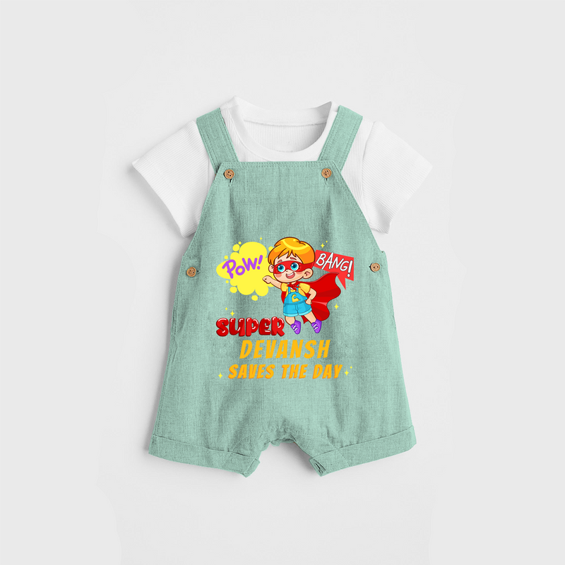 Celebrate The Super Kids Theme With "Pow! Bang! Super Boy Saves The Day" Personalized Dungaree set for your Baby - LIGHT GREEN - 0 - 5 Months Old (Chest 17")