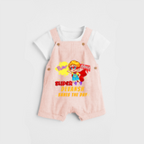 Celebrate The Super Kids Theme With "Pow! Bang! Super Boy Saves The Day" Personalized Dungaree set for your Baby - PEACH - 0 - 5 Months Old (Chest 17")