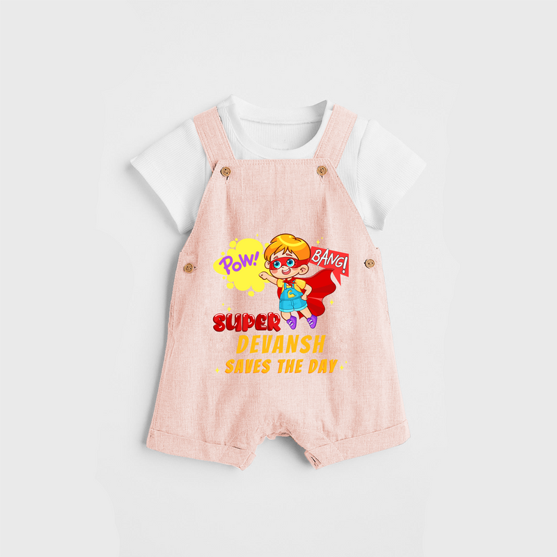 Celebrate The Super Kids Theme With "Pow! Bang! Super Boy Saves The Day" Personalized Dungaree set for your Baby - PEACH - 0 - 5 Months Old (Chest 17")