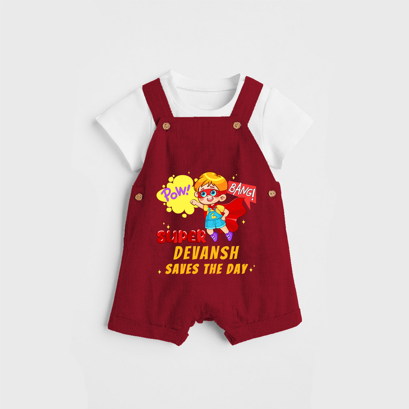 Celebrate The Super Kids Theme With "Pow! Bang! Super Boy Saves The Day" Personalized Dungaree set for your Baby - RED - 0 - 5 Months Old (Chest 17")