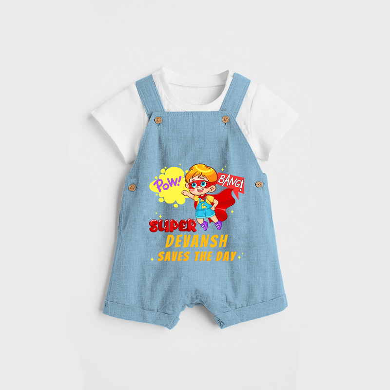 Celebrate The Super Kids Theme With "Pow! Bang! Super Boy Saves The Day" Personalized Dungaree set for your Baby - SKY BLUE - 0 - 5 Months Old (Chest 17")