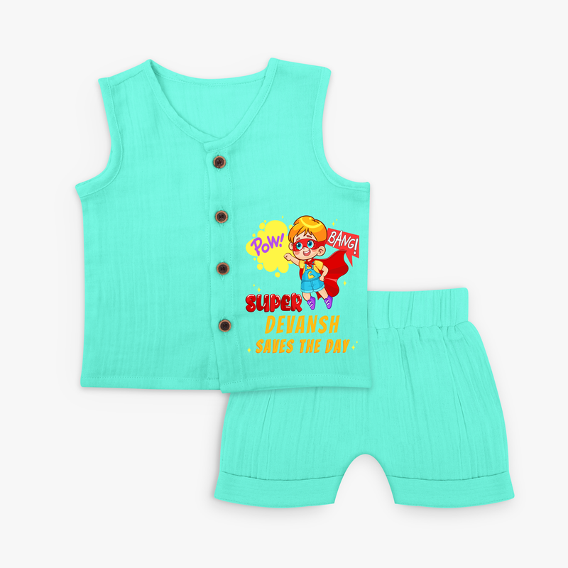 Celebrate The Super Kids Theme With "Pow! Bang! Super Boy Saves The Day" Personalized Jabla set for your Baby - AQUA GREEN - 0 - 3 Months Old (Chest 9.8")