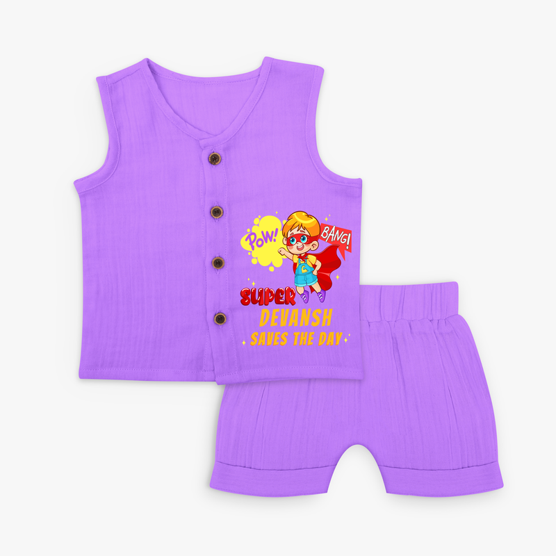 Celebrate The Super Kids Theme With "Pow! Bang! Super Boy Saves The Day" Personalized Jabla set for your Baby - PURPLE - 0 - 3 Months Old (Chest 9.8")