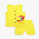 Celebrate The Super Kids Theme With "Pow! Bang! Super Boy Saves The Day" Personalized Jabla set for your Baby - YELLOW - 0 - 3 Months Old (Chest 9.8")