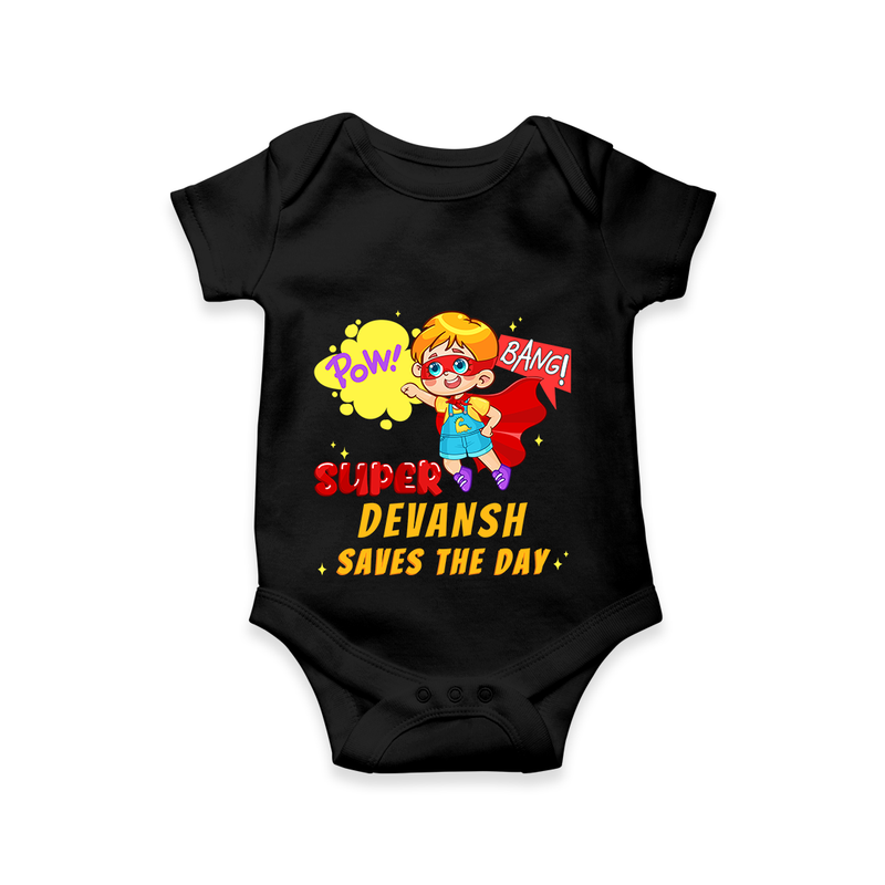 Celebrate The Super Kids Theme With "Pow! Bang! Super Boy Saves The Day" Personalized Romper For your Baby - BLACK - 0 - 3 Months Old (Chest 16")