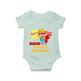 Celebrate The Super Kids Theme With "Pow! Bang! Super Boy Saves The Day" Personalized Romper For your Baby - MINT GREEN - 0 - 3 Months Old (Chest 16")