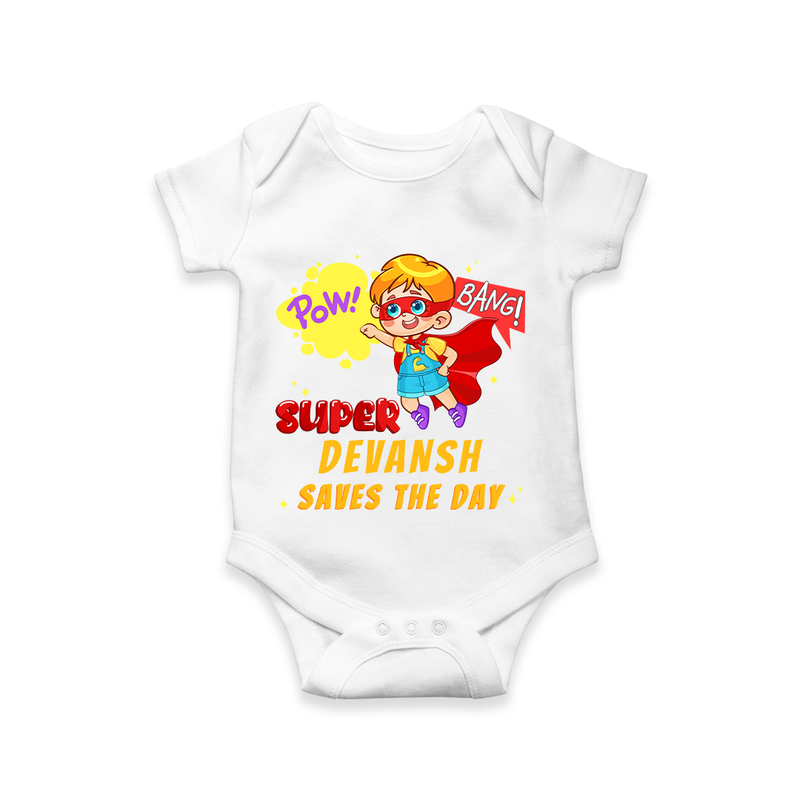 Celebrate The Super Kids Theme With "Pow! Bang! Super Boy Saves The Day" Personalized Romper For your Baby - WHITE - 0 - 3 Months Old (Chest 16")