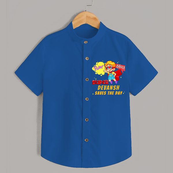 Celebrate The Super Kids Theme With "Pow! Bang! Super Boy Saves The Day" Personalized Kids Shirts - COBALT BLUE - 0 - 6 Months Old (Chest 21")