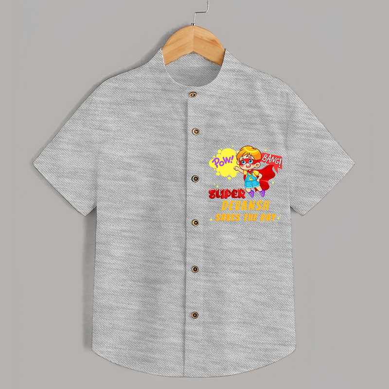 Celebrate The Super Kids Theme With "Pow! Bang! Super Boy Saves The Day" Personalized Kids Shirts - GREY SLUB - 0 - 6 Months Old (Chest 21")