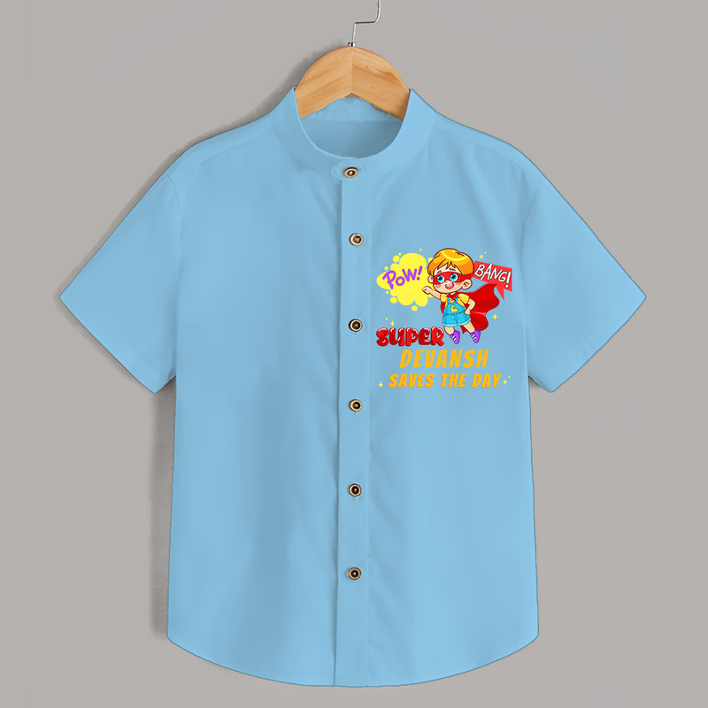 Celebrate The Super Kids Theme With "Pow! Bang! Super Boy Saves The Day" Personalized Kids Shirts - SKY BLUE - 0 - 6 Months Old (Chest 21")