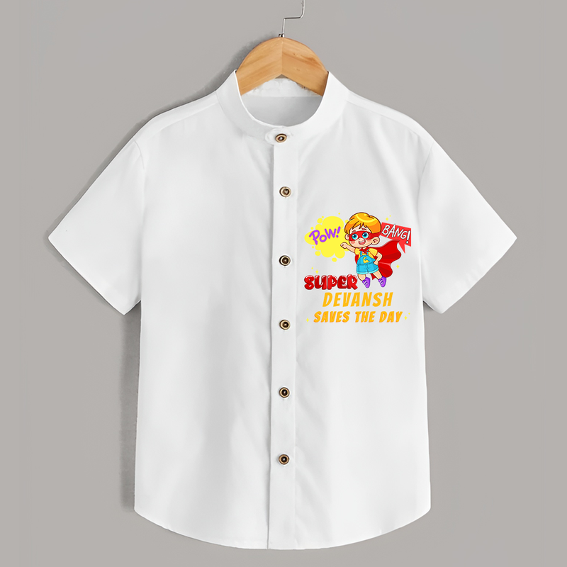 Celebrate The Super Kids Theme With "Pow! Bang! Super Boy Saves The Day" Personalized Kids Shirts - WHITE - 0 - 6 Months Old (Chest 21")