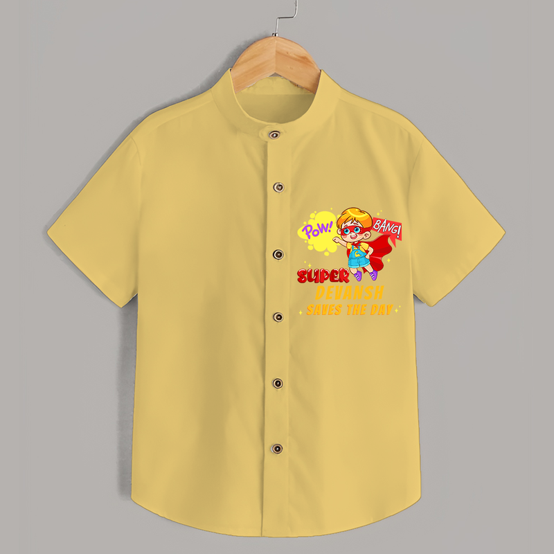 Celebrate The Super Kids Theme With "Pow! Bang! Super Boy Saves The Day" Personalized Kids Shirts - YELLOW - 0 - 6 Months Old (Chest 21")