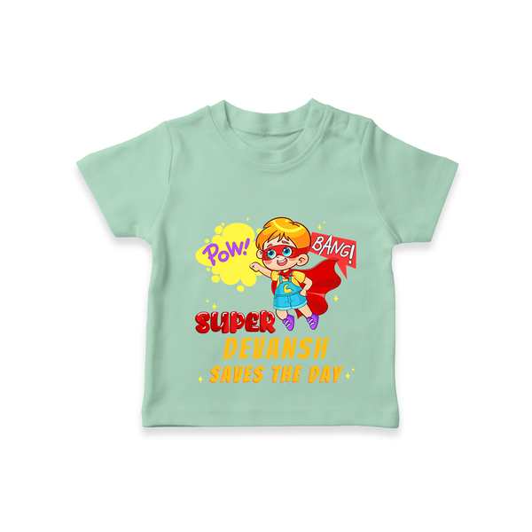 Celebrate The Super Kids Theme With "Pow! Bang! Super Boy Saves The Day" Personalized Kids T-shirt - MINT GREEN - 0 - 5 Months Old (Chest 17")