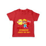 Celebrate The Super Kids Theme With "Pow! Bang! Super Boy Saves The Day" Personalized Kids T-shirt - RED - 0 - 5 Months Old (Chest 17")