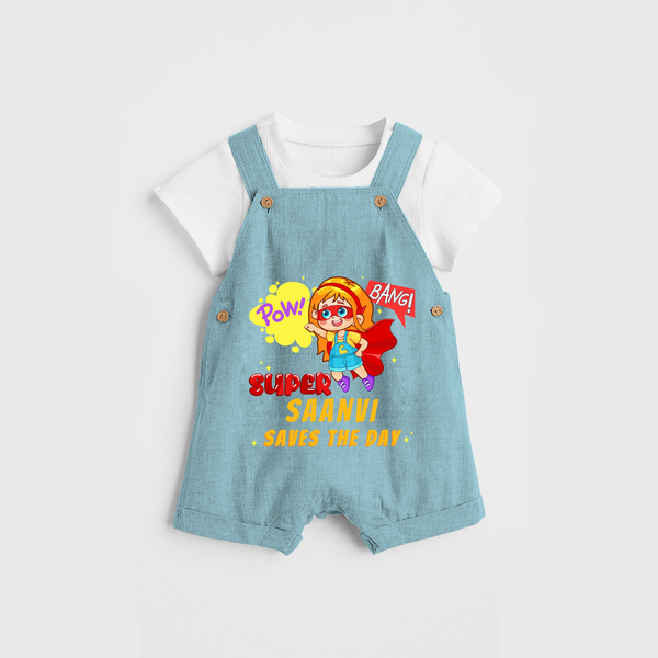 Celebrate The Super Kids Theme With "Pow! Bang! Super Girl Saves The Day" Personalized Dungaree set for your Baby - ARCTIC BLUE - 0 - 5 Months Old (Chest 17")