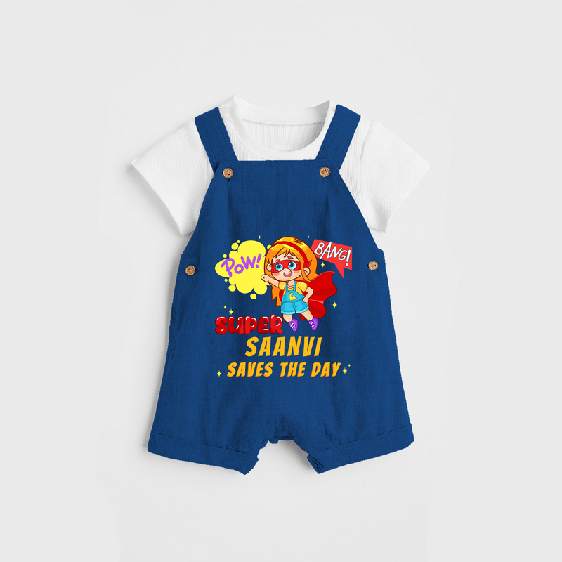 Celebrate The Super Kids Theme With "Pow! Bang! Super Girl Saves The Day" Personalized Dungaree set for your Baby - COBALT BLUE - 0 - 5 Months Old (Chest 17")