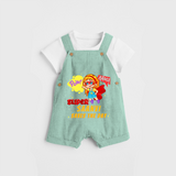 Celebrate The Super Kids Theme With "Pow! Bang! Super Girl Saves The Day" Personalized Dungaree set for your Baby - LIGHT GREEN - 0 - 5 Months Old (Chest 17")