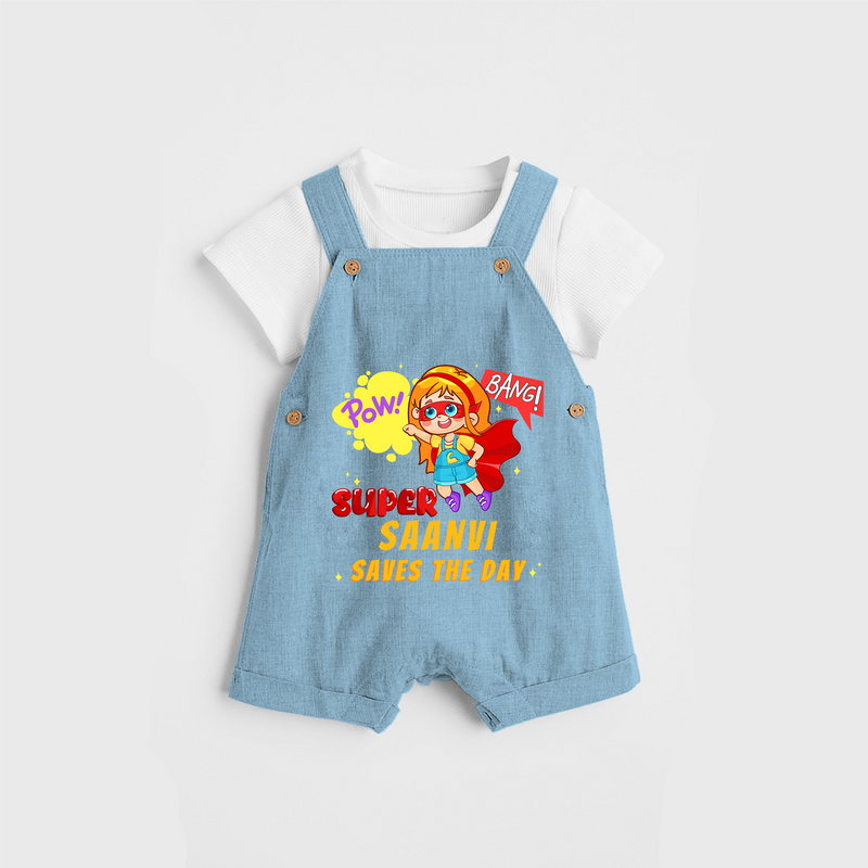 Celebrate The Super Kids Theme With "Pow! Bang! Super Girl Saves The Day" Personalized Dungaree set for your Baby - SKY BLUE - 0 - 5 Months Old (Chest 17")