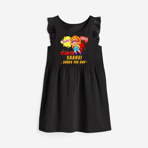 Celebrate The Super Kids Theme With "Pow! Bang! Super Girl Saves The Day" Personalized Frock for your Baby - BLACK - 0 - 6 Months Old (Chest 18")