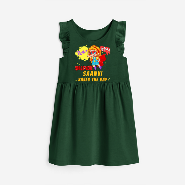 Celebrate The Super Kids Theme With "Pow! Bang! Super Girl Saves The Day" Personalized Frock for your Baby - BOTTLE GREEN - 0 - 6 Months Old (Chest 18")