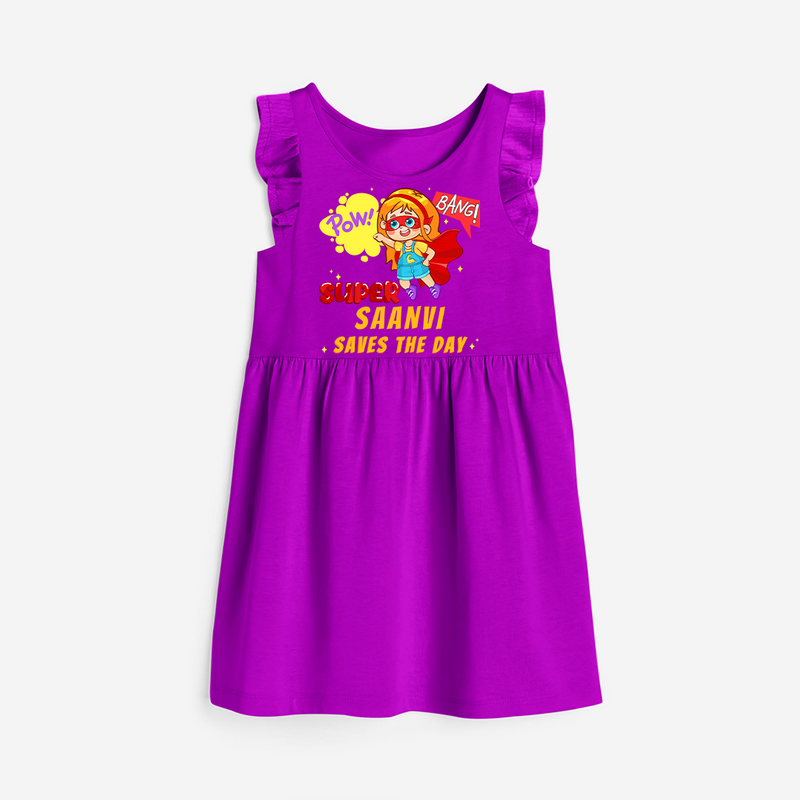 Celebrate The Super Kids Theme With "Pow! Bang! Super Girl Saves The Day" Personalized Frock for your Baby - PURPLE - 0 - 6 Months Old (Chest 18")