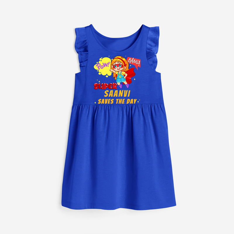 Celebrate The Super Kids Theme With "Pow! Bang! Super Girl Saves The Day" Personalized Frock for your Baby - ROYAL BLUE - 0 - 6 Months Old (Chest 18")