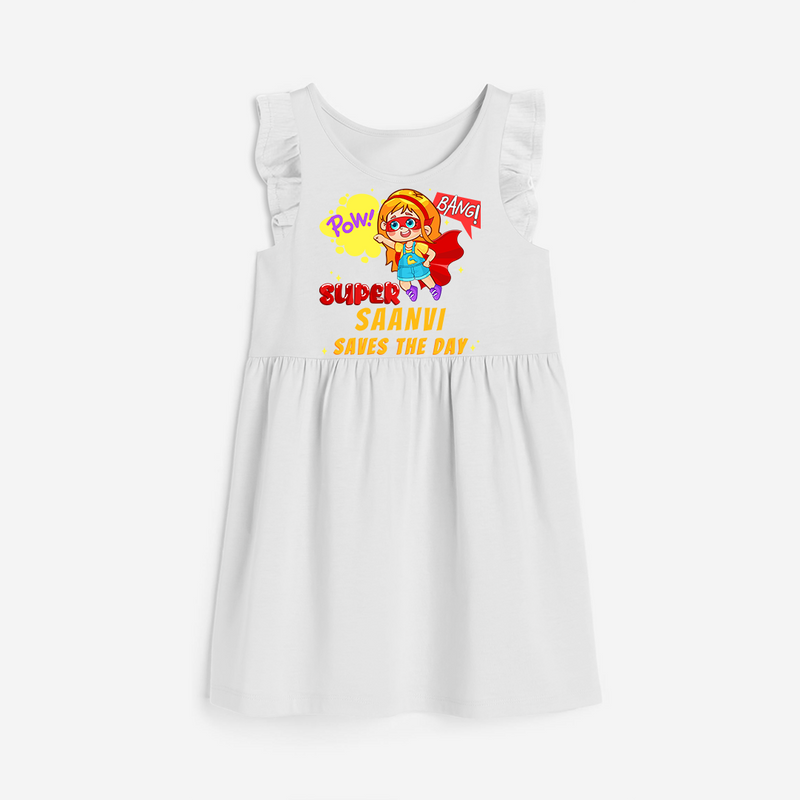 Celebrate The Super Kids Theme With "Pow! Bang! Super Girl Saves The Day" Personalized Frock for your Baby - WHITE - 0 - 6 Months Old (Chest 18")