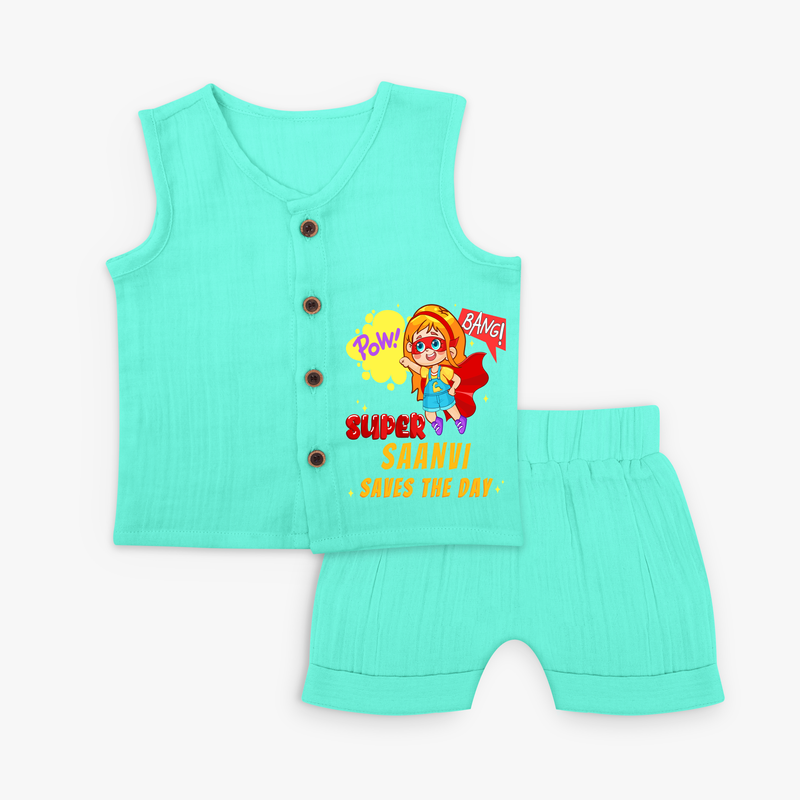 Celebrate The Super Kids Theme With "Pow! Bang! Super Girl Saves The Day" Personalized Jabla set for your Baby - AQUA GREEN - 0 - 3 Months Old (Chest 9.8")