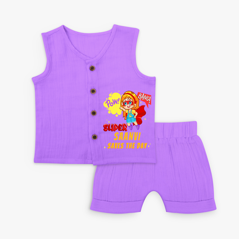 Celebrate The Super Kids Theme With "Pow! Bang! Super Girl Saves The Day" Personalized Jabla set for your Baby - PURPLE - 0 - 3 Months Old (Chest 9.8")