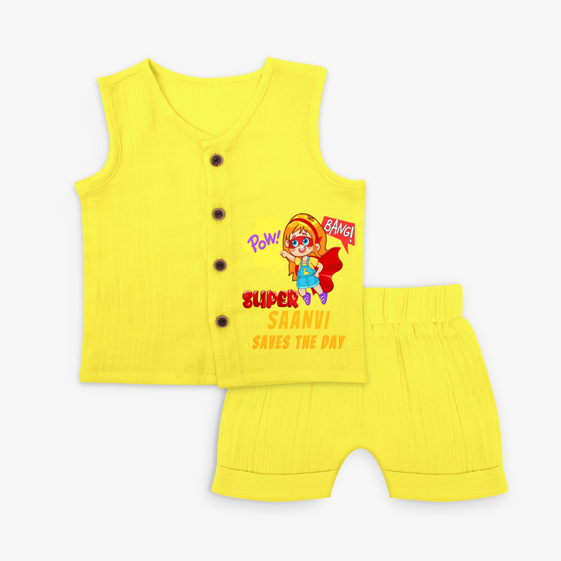 Celebrate The Super Kids Theme With "Pow! Bang! Super Girl Saves The Day" Personalized Jabla set for your Baby - YELLOW - 0 - 3 Months Old (Chest 9.8")