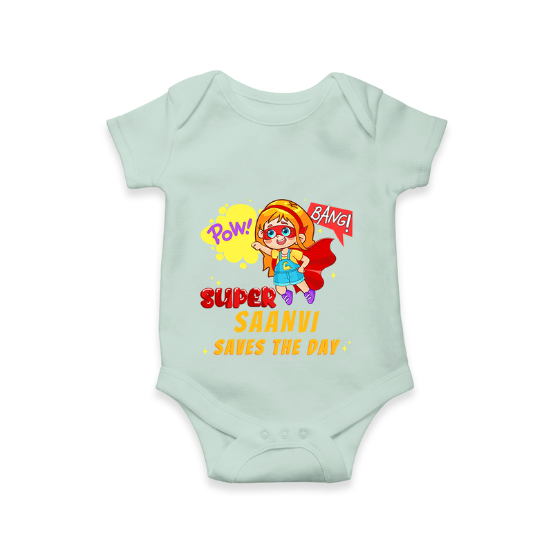 Celebrate The Super Kids Theme With "Pow! Bang! Super Girl Saves The Day" Personalized Romper For your Baby - MINT GREEN - 0 - 3 Months Old (Chest 16")