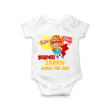 Celebrate The Super Kids Theme With "Pow! Bang! Super Girl Saves The Day" Personalized Romper For your Baby - WHITE - 0 - 3 Months Old (Chest 16")