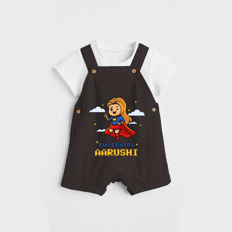 Celebrate The Super Kids Theme With  "Super Girl" Personalized Dungaree set for your Baby - CHOCOLATE BROWN - 0 - 5 Months Old (Chest 17")