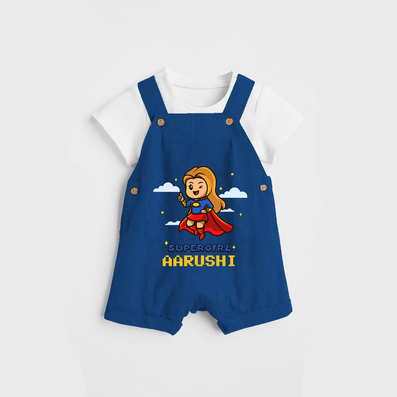 Celebrate The Super Kids Theme With  "Super Girl" Personalized Dungaree set for your Baby - COBALT BLUE - 0 - 5 Months Old (Chest 17")