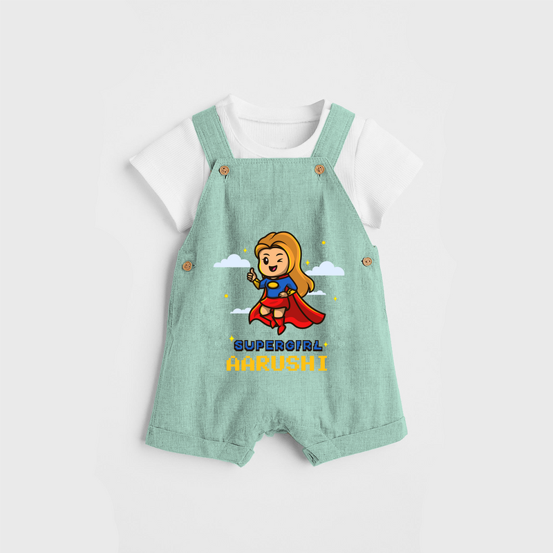 Celebrate The Super Kids Theme With  "Super Girl" Personalized Dungaree set for your Baby - LIGHT GREEN - 0 - 5 Months Old (Chest 17")