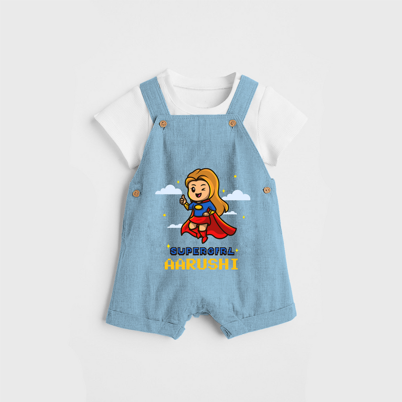 Celebrate The Super Kids Theme With  "Super Girl" Personalized Dungaree set for your Baby - SKY BLUE - 0 - 5 Months Old (Chest 17")