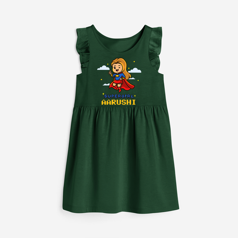 Celebrate The Super Kids Theme With  "Super Girl" Personalized Frock for your Baby - BOTTLE GREEN - 0 - 6 Months Old (Chest 18")