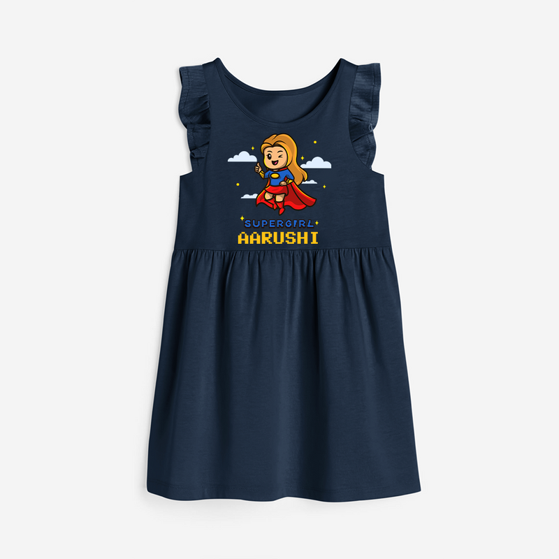 Celebrate The Super Kids Theme With  "Super Girl" Personalized Frock for your Baby - NAVY BLUE - 0 - 6 Months Old (Chest 18")