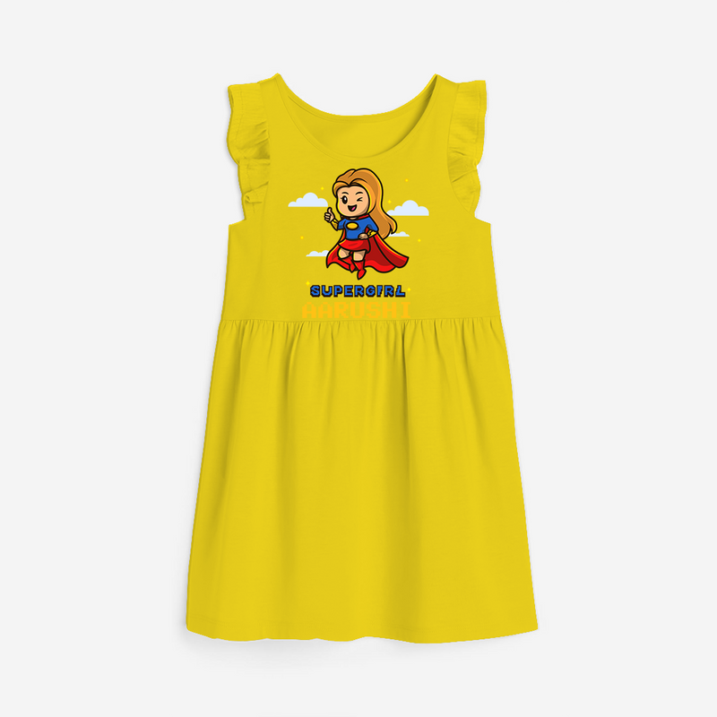 Celebrate The Super Kids Theme With  "Super Girl" Personalized Frock for your Baby - YELLOW - 0 - 6 Months Old (Chest 18")